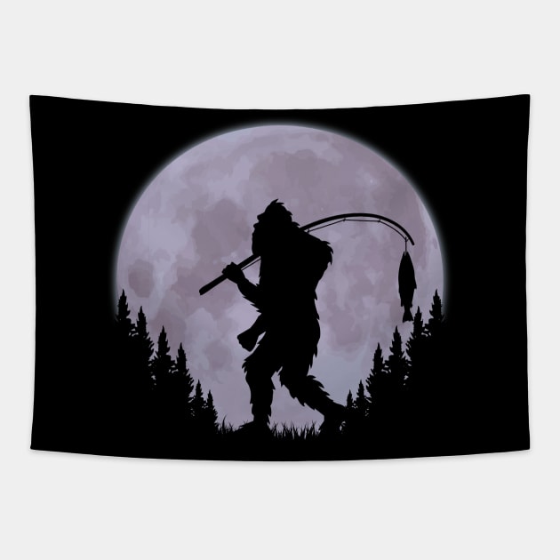 Bigfoot Fishing Moon Funny Sasquatch And Fish Tapestry by Tesszero