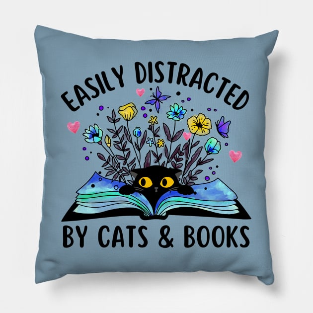 Easily Distracted by Cats and Books Pillow by Hypnotic Highs