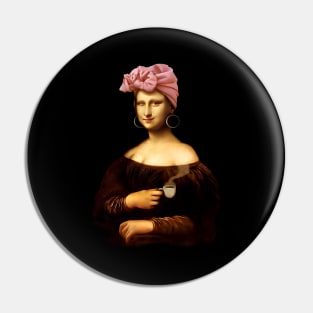 Lady Mona Lisa Drinking Coffee Pin