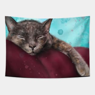 Painting of a Gray Cat Sleeping on a Red Couch on Blue Background Tapestry