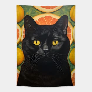 Black Cat Collage Surrounded by Citrus Fruit - Retro Vintage Unique Kitty Art Tapestry