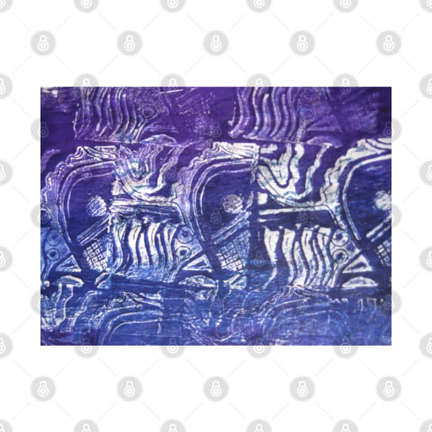 Blue Fish - Collaged Abstract Fish Lino Print by Heatherian