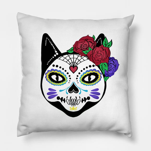 Day of the Dead Cat Sugar Skull Pillow by SusanaDesigns