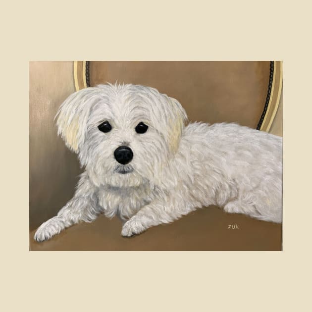 Maltese dog oil portrait. Little white dog with black button eyes and nose. by KarenZukArt