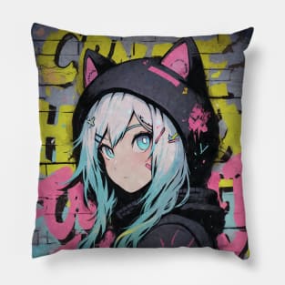 Kawaii Aesthetic Brick Wall Nekomimi Anime Cat Girl Graffiti Art Style Pillow