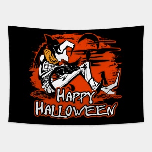 Happy Halloween Scarecrow and Black Cat Tapestry