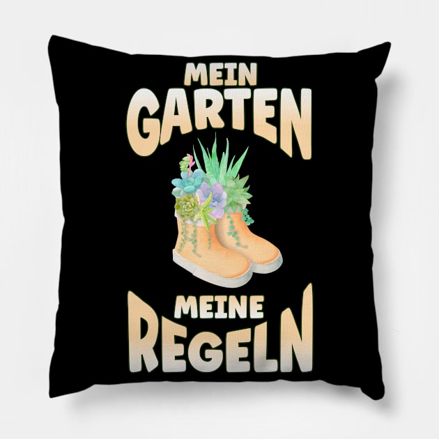 Mein Garten Meine Regeln Watercolor Rubber Boots Pillow by WoollyWonder