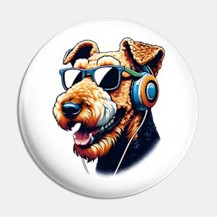 Airedale Terrier Smiling DJ: Beats and Style Unleashed Pin