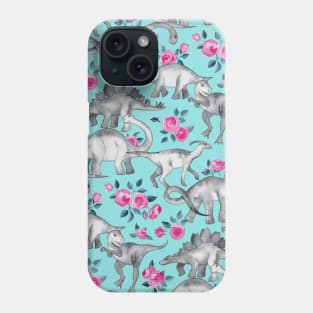 Dinosaurs and Roses – turquoise blue Phone Case