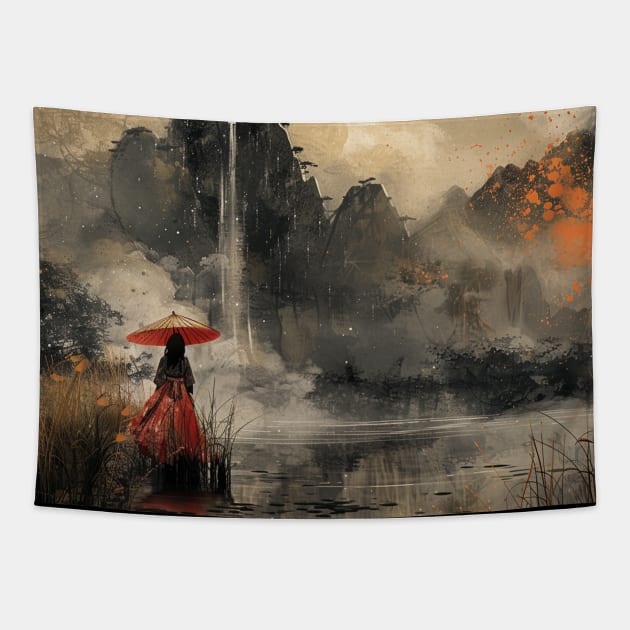 Traditional Chinese Landscape Watercolor Painting Umbrella Kimono Geisha Tapestry by Nightarcade