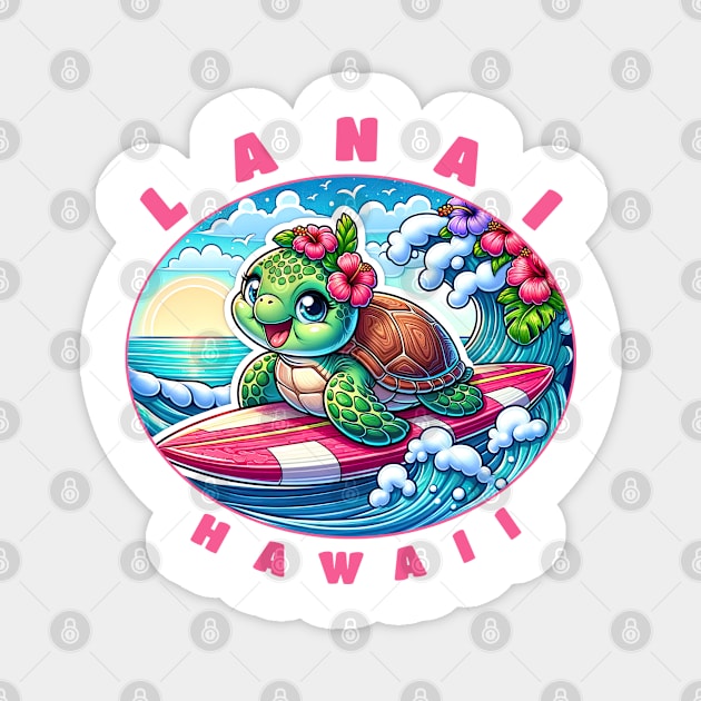 Lanai Hawaii Girls Cute Surfing Sea Turtle Magnet by grendelfly73