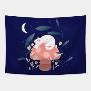 Cute white cat, mushroom and curious flowers, version 5 Tapestry