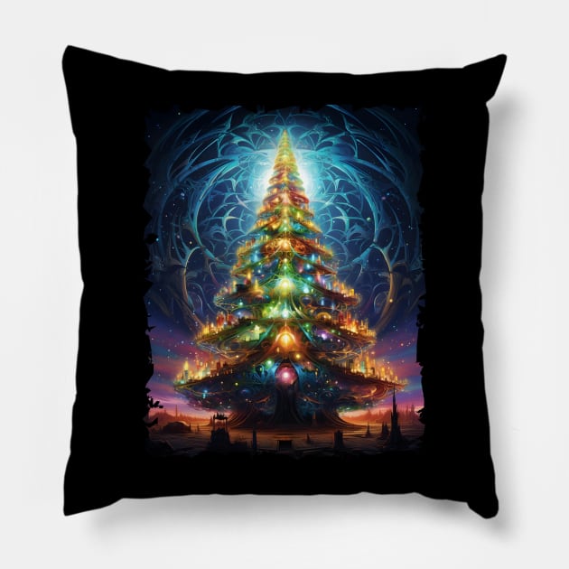 Fantastical Bright Christmas Tree Pillow by Obotan Mmienu