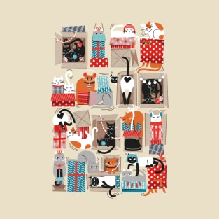 Purfect Christmas gifts // spot // beige background cute cats in cardboard red and teal wrapped boxes and holiday ornaments ribbons balls and lights T-Shirt