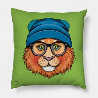 Orange Lion Wearing Glasses and a blue Hat Pillow