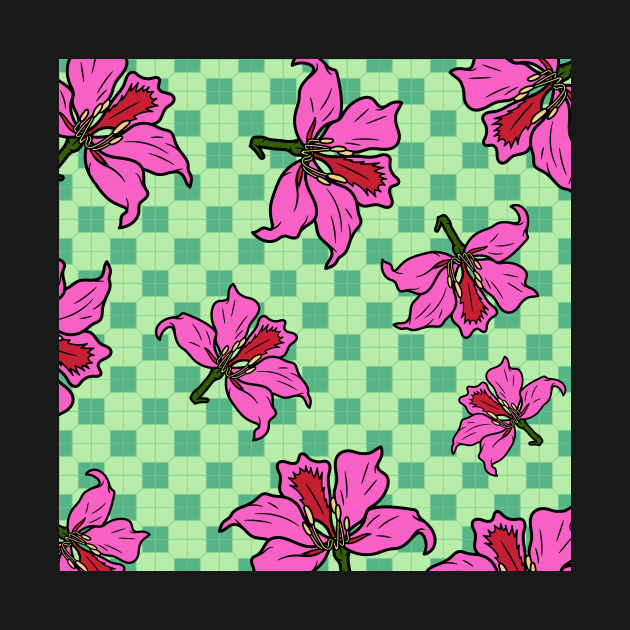 Hong Kong Bauhinia with Mint Green Tile Floor Pattern - Summer Flower Pattern by CRAFTY BITCH