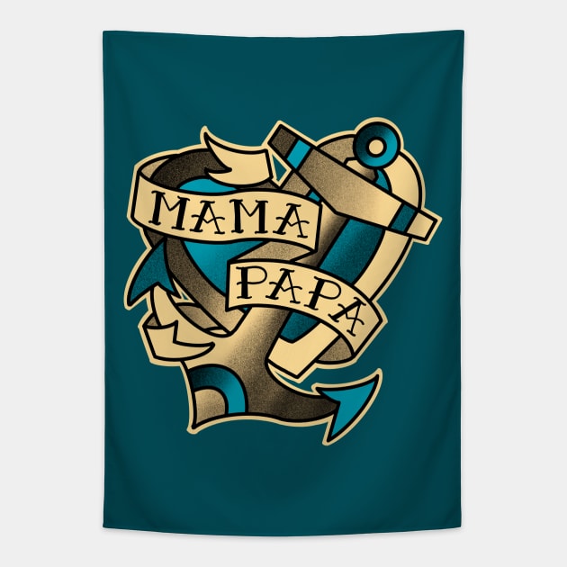 mama papa, anchor and heart with a traditional tattoo style banner Tapestry by weilertsen