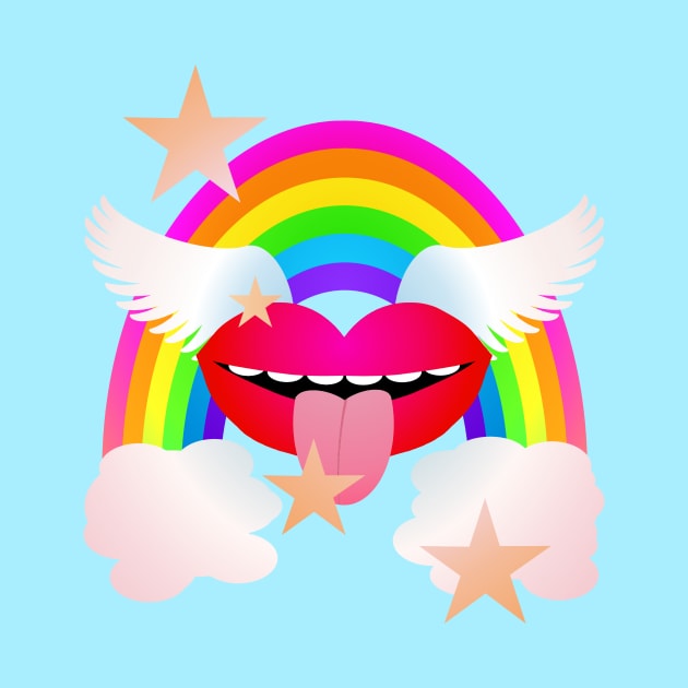 Groovy Winged Lips, Rainbow & Stars - RED by RawSunArt