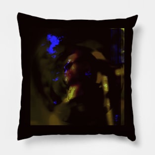 Portrait, digital collage and special processing. Man looking somewhere. He's strong. Yellow and red, some blue. Very cool. Pillow