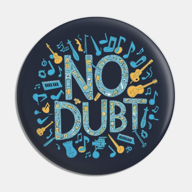 A whimsical composition of musical notes and instruments forming the shape of "No Doubt" Pin by StyleTops