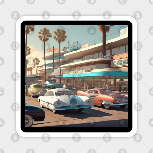 A Retro-Futuristic image of a Califonia Beach City Magnet by Musical Art By Andrew