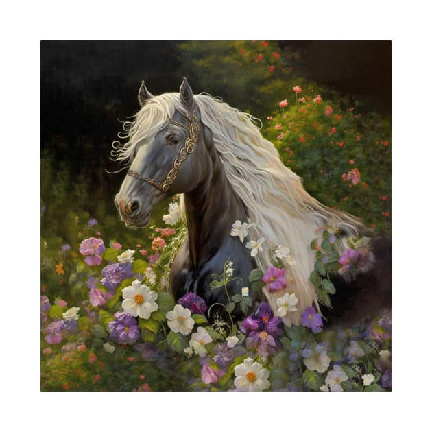 Black Horse with White  Mane Flowers by candiscamera