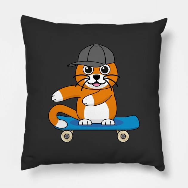 Cute Orange Cat on Skateboard Cartoon Pillow by BirdAtWork