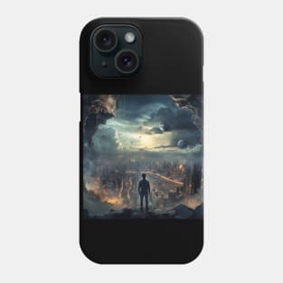 Apocalyptic Vision: A Sole Observer Amidst a Dystopian Cityscape Phone Case