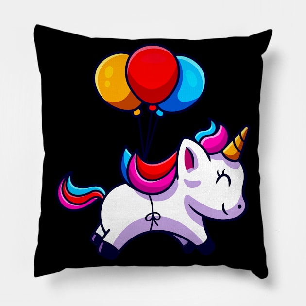 Cute Unicorn With Balloons Fun Birthday Gift Kids Pillow by Foxxy Merch