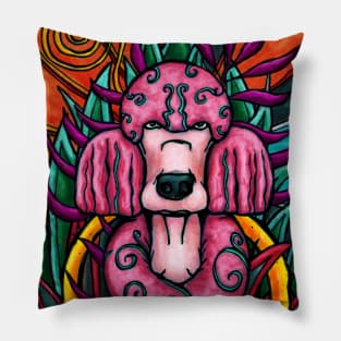 Pink poodle in colorful jungle, quirky poodle dog Pillow