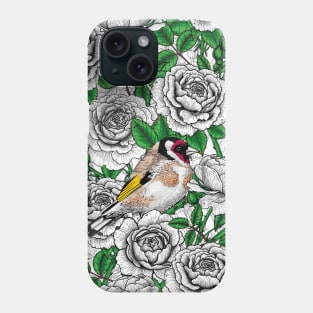 White Rose flowers and goldfinch birds Phone Case