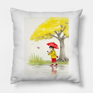 kid playing in water puddles. Pillow