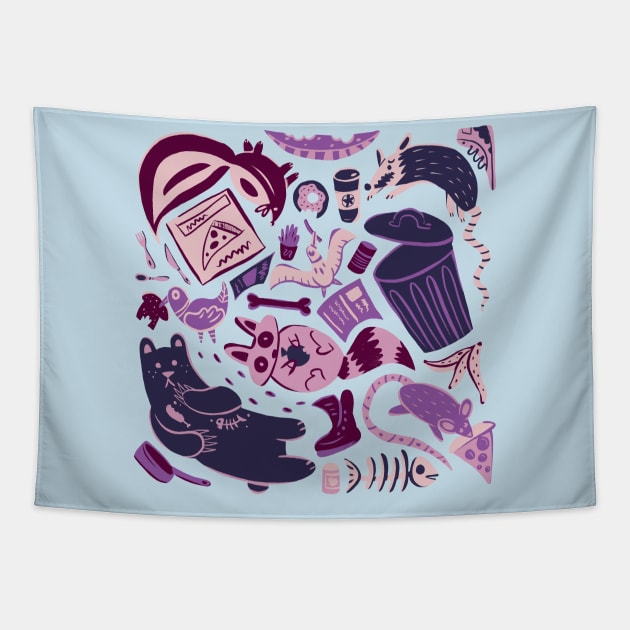 Garbage Animals Eating Junk Food Pattern Tapestry by narwhalwall