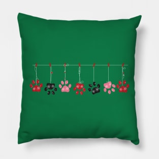 Hanging paw prints with snowflakes white Pillow