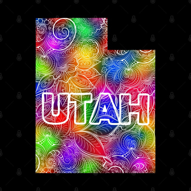 Colorful mandala art map of Utah with text in multicolor pattern by Happy Citizen