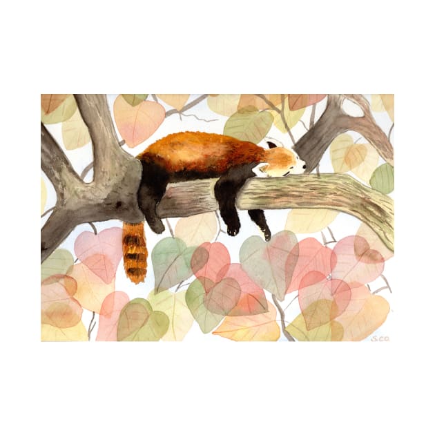 Red Panda with fall foliage Watercolor Illustration by Sandraartist