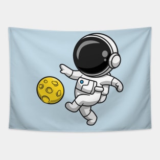 Cute Astronaut Playing Soccer Moon Cartoon Tapestry