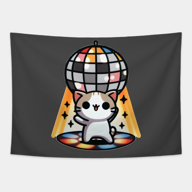 Disco Kitty: Cute Cat Under the Mirror Ball Tapestry by Ingridpd