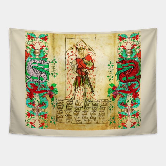 KING ARTHUR WITH WHITE RED DRAGONS Antique Medieval Miniature Tapestry by BulganLumini