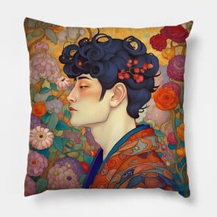 Asian Art Nouveau Man with Flowers Pillow