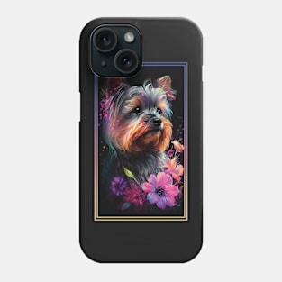 Yorkshire Terrier Dog Vibrant Tropical Flower Tall Digital Oil Painting Portrait Phone Case