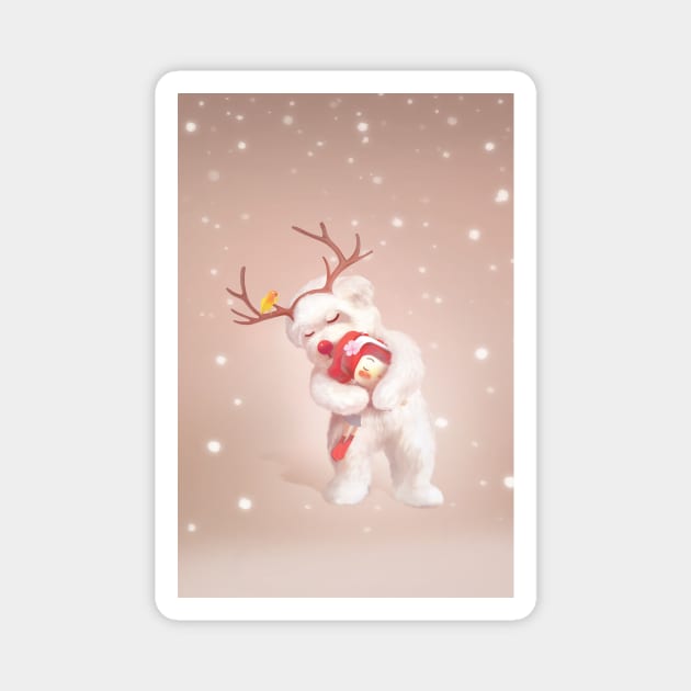 Little Girl Hugging Dog in Reindeer Antlers Magnet by zkozkohi