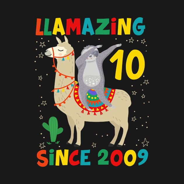 10 Years Old 10th Birthday Sloth Riding Llama Girls by folidelarts