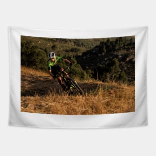 Mountain Biker riding a single track at sunset Tapestry