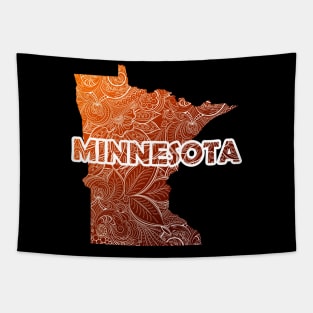 Colorful mandala art map of Minnesota with text in brown and orange Tapestry