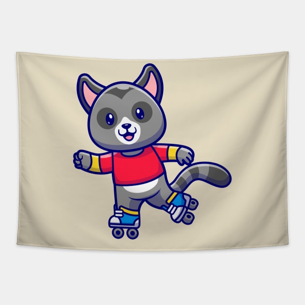 Cute Racoon Playing Roller Skate Cartoon Tapestry by Catalyst Labs