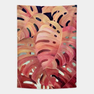 Monstera Love in Magenta and Coral - oil painting Tapestry