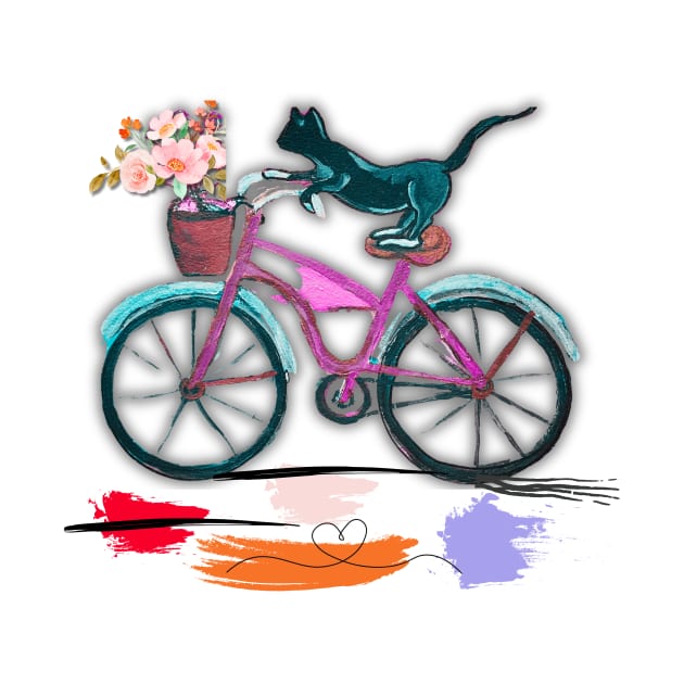 Tuxedo cat riding pink bike by LuluCybril