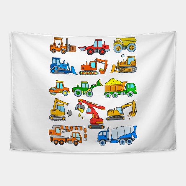 Excavator Dump Truck Dozer Concrete Mixer Construction Vehicles Tapestry by samshirts