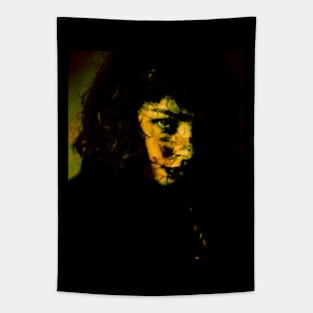 Beautiful girl, in dark yellow green lighting. Some splatters of blood. Dark and beautiful. Tapestry